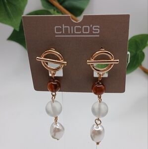 Chico's Pearl Brown & Milkstone Gold Tone Dangle Earrings NEW